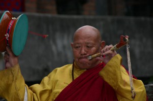 RInpoche playing the kangling and drum during Chod Cham